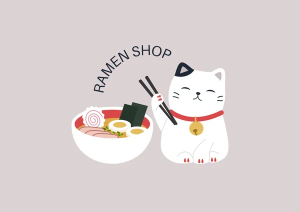 Logo Ramen Shop Roztomilý Maneki Neko Kočka Drží Dřevěné Hůlky — Stockový vektor