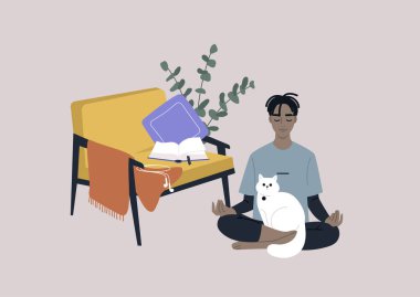 Evde meditasyon, genç bir erkek siyah karakter oturma odasında kucağında kedisiyle oturuyor.