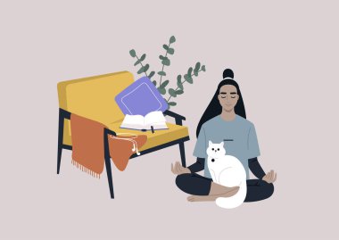 Evde meditasyon, oturma odasında kucağında kedisiyle yerde oturan genç bir kadın karakter.
