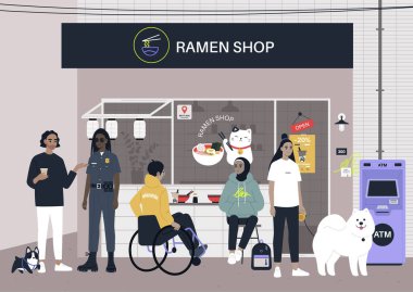 Popüler bir ramen dükkanı, dışarıda yemek yiyen ve bekleyen bir kalabalık, farklı komşulardan oluşan bir topluluk.