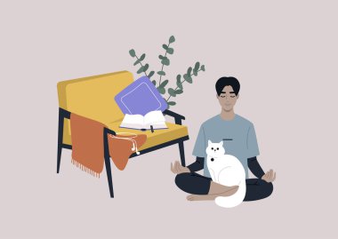Evde meditasyon, oturma odasında kucağında kedisiyle yerde oturan genç bir erkek karakter.