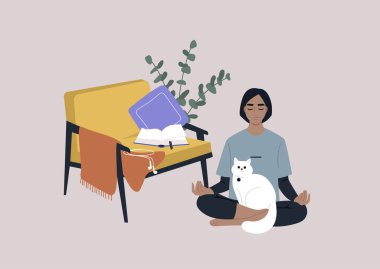 Evde meditasyon, oturma odasında kucağında kedisiyle yerde oturan genç bir kadın karakter.