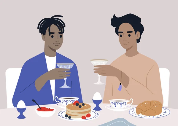 Colazione Elegante Con Champagne Raffinato Ristorante Una Coppia Gay Che — Vettoriale Stock