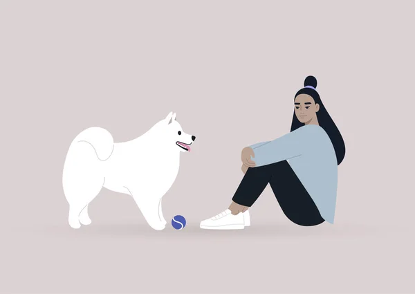 Cute White Samoyed Dog Playing Ball Owner Human Animal Friendship — Stock Vector