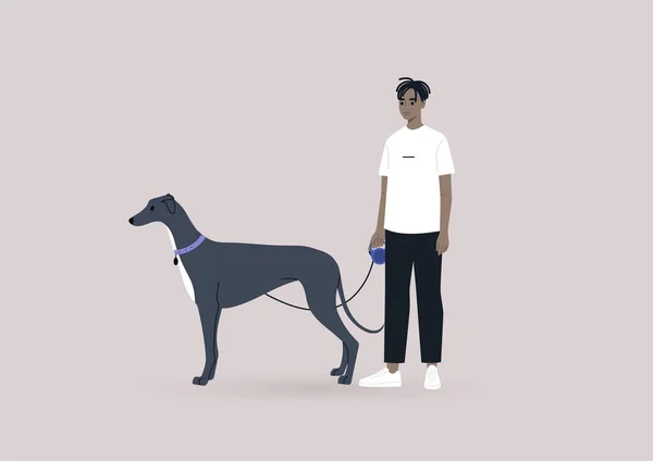 Ein Junger Schwarzer Rüde Der Mit Einem Anmutigen Schwarzen Windhund — Stockvektor