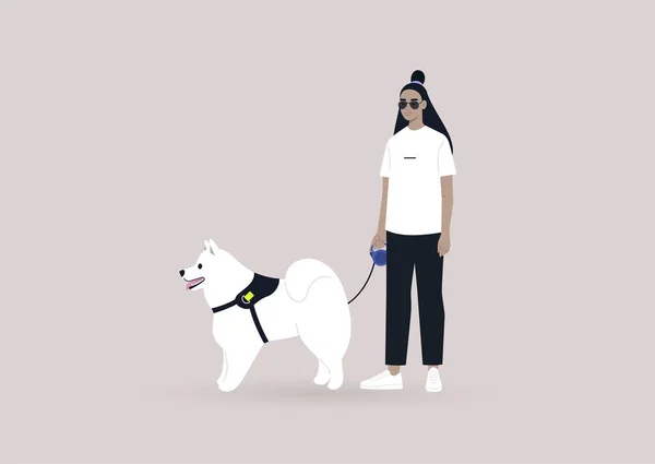 Молодая Азиатка Гуляющая Самодовольной Пушистой Собакой Современный Городской Образ Жизни — стоковый вектор