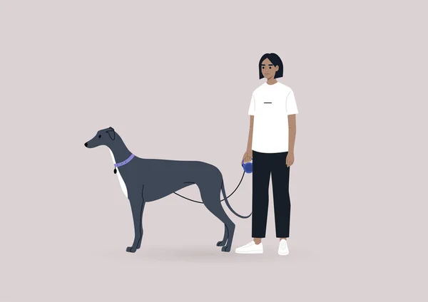 Eine Junge Weibliche Figur Die Mit Einem Anmutigen Schwarzen Windhund — Stockvektor