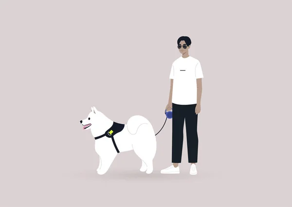 Jovem Homem Asiático Personagem Andando Com Seu Cão Fofo Samoyed — Vetor de Stock