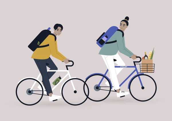 Una Joven Pareja Asiática Montando Sus Bicicletas Actividades Aire Libre — Vector de stock