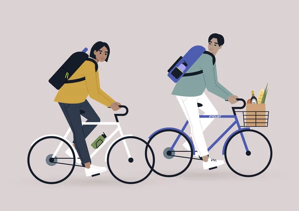 一对年轻夫妇骑自行车 参加夏季户外活动 周末旅行 — 图库矢量图片