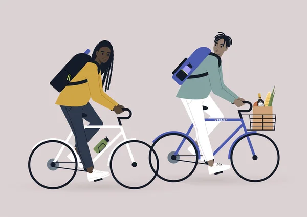 Jovem Casal Negro Andando Bicicleta Atividades Livre Verão Uma Viagem —  Vetores de Stock