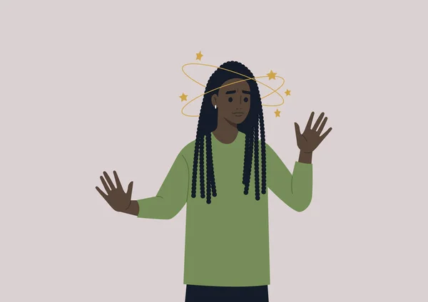 Joven Personaje Negro Hembra Sintiéndose Mareado Con Estrellas Amarillas Orbitando — Vector de stock