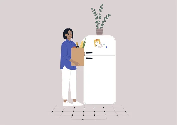 Eine Junge Weibliche Figur Die Einkäufe Den Kühlschrank Legt Tägliche — Stockvektor