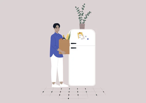 一个年轻的亚洲男子把食品放在冰箱里 做日常家务活 — 图库矢量图片