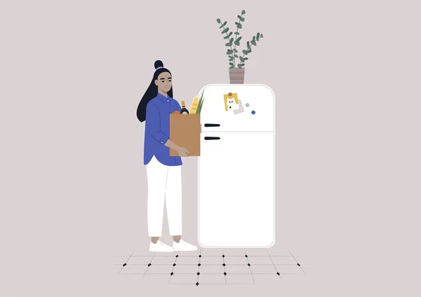 一个年轻的亚洲女人把食品放在冰箱里 做日常家务活 — 图库矢量图片