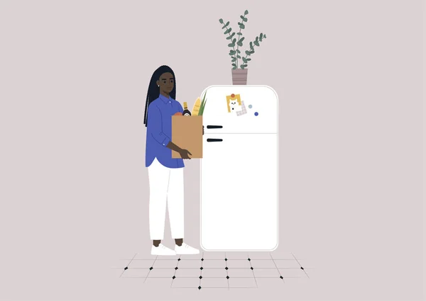 冷蔵庫に食料品を入れる若い女性ブラックキャラクター 毎日の家事 — ストックベクタ
