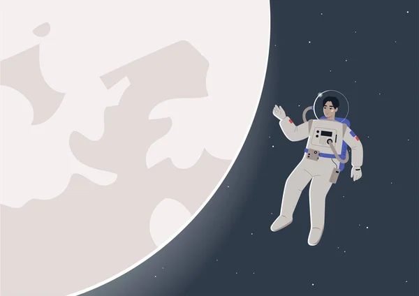 輝く月の隣のオープンスペースに浮かぶ宇宙服を着た若い男性アジアの宇宙飛行士 Sfのテーマ — ストックベクタ