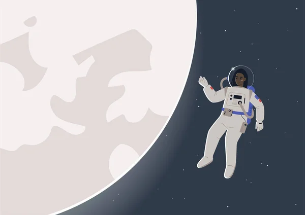 Uma Jovem Astronauta Negra Num Traje Espacial Flutuar Num Espaço — Vetor de Stock