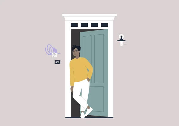 Joven Hombre Negro Personaje Pie Fuera Puerta Entrada Apartamento Alquiler — Vector de stock