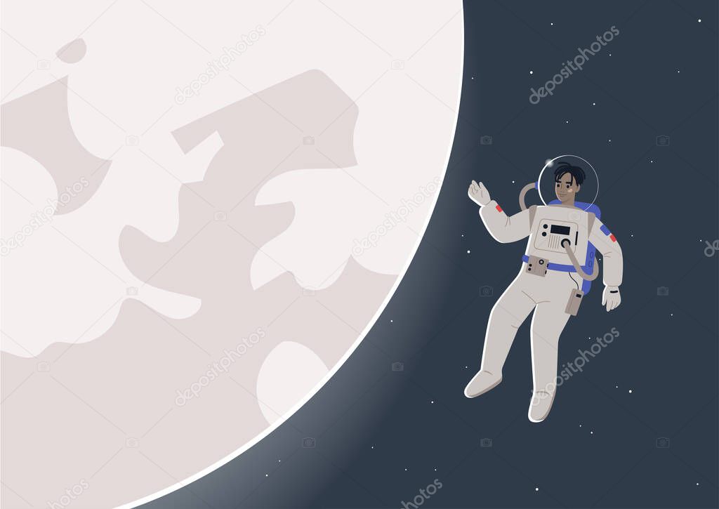 A young male Black astronaut in a spacesuit floating in open space next to a glowing moon, a science fiction theme