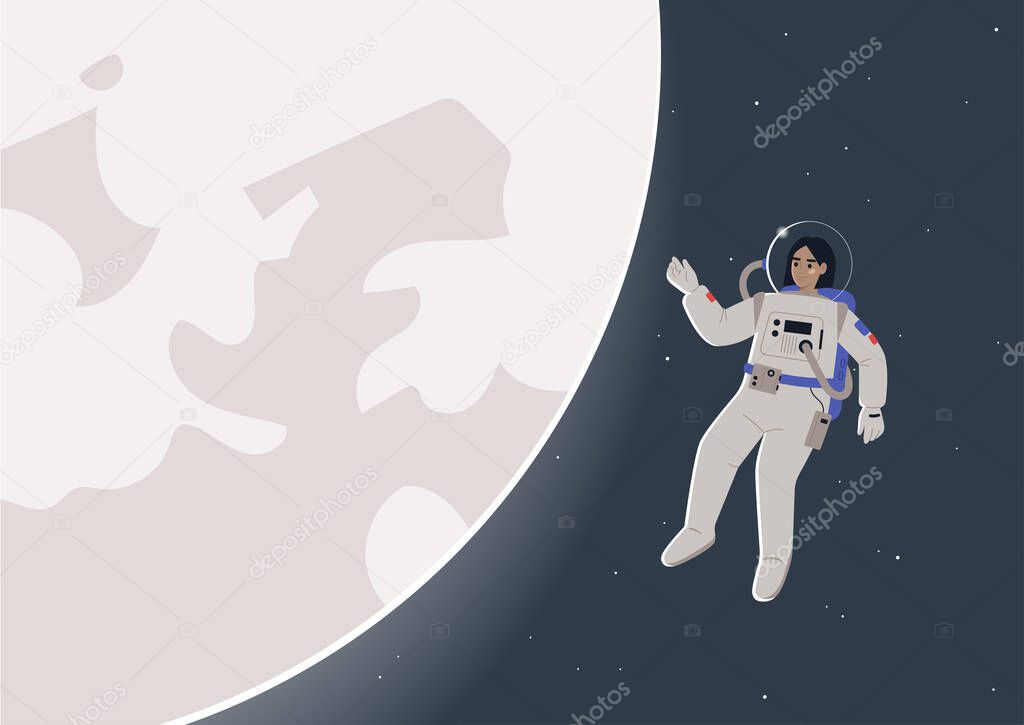 A young female astronaut in a spacesuit floating in open space next to a glowing moon, a science fiction theme