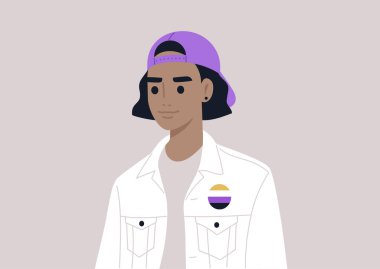 LGBTQ topluluğunun bir üyesi ikili olmayan bir rozet takıyor, LGBT gurur teması
