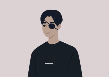 Tıbbi siyah göz bandı takan genç bir Asyalı erkek portresi.