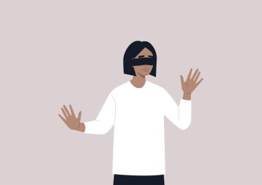 Gözleri bağlı genç bir kadın karakter çıkış yolunu bulmaya çalışıyor.