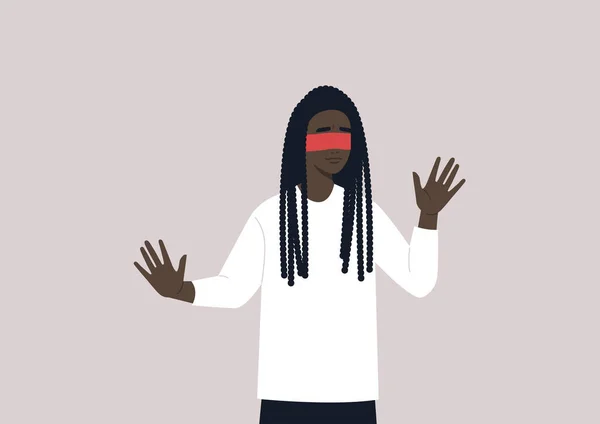 Joven Personaje Negro Con Los Ojos Vendados Tratando Encontrar Salida — Vector de stock