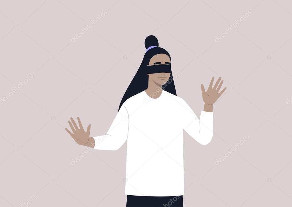 A young female character with blindfolded eyes trying to find the way out