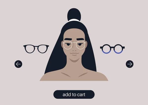 虚拟眼镜试穿工具 一个身穿不同镜框的年轻女性亚洲人物肖像 — 图库矢量图片