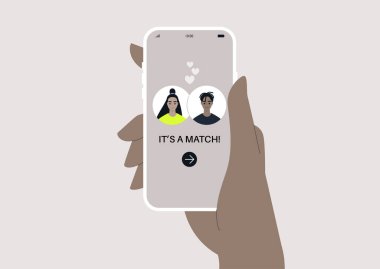 Randevu uygulaması eşleşmesi, ekranda iki avatarla, online romantik ilişkiler.