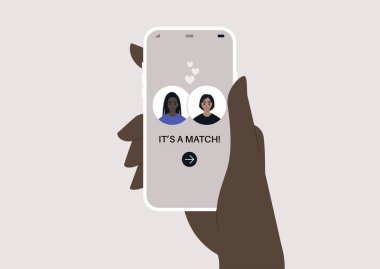 Randevu uygulaması eşleşmesi, ekranda iki avatarla çevrimiçi romantik lezbiyen ilişkileri