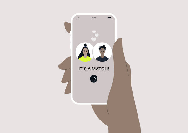 Приложение для знакомств, два аватара на экране, онлайн романтические отношения