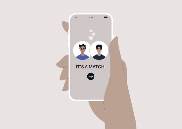 Namoro App Match Dois Avatares Uma Tela Relacionamentos Gays Românticos — Vetor de Stock