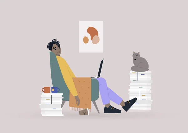 自宅で働いていると 書類に囲まれた肘掛け椅子に座っている若い男性ブラックキャラクター — ストックベクタ
