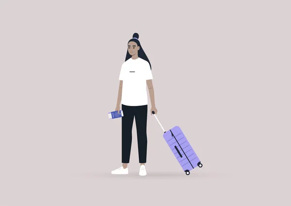 Genç Bir Asyalı Kadın Yolcu Kabin Bagajı Pasaport Uçuş Kartıyla — Stok Vektör