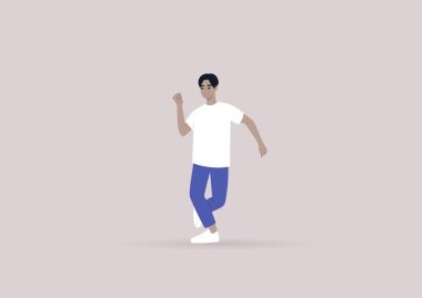 Genç bir Asyalı erkek karakter bir şarkıyla dans ediyor, modern gen z yaşam tarzı.