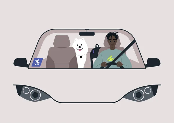 Jeune Homme Noir Physiquement Handicapé Conduisant Une Voiture Autocollant Bleu — Image vectorielle