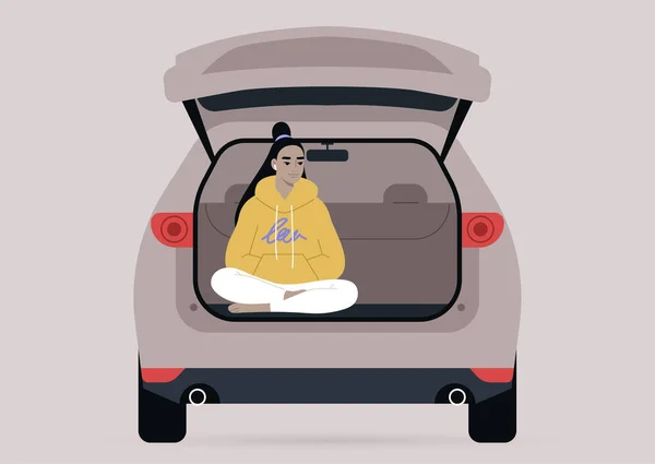 Young Female Asian Character Sitting Car Trunk Legs Crossed Millennial — Stock Vector