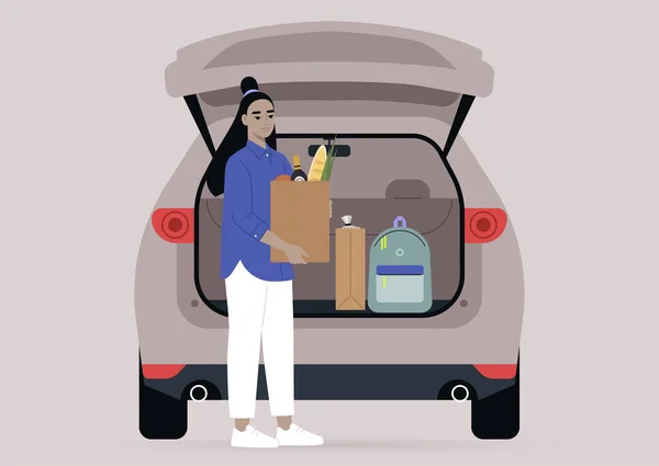 車のトランクから食料品袋を取っている若い女性アジアのキャラクター 毎日のルーチンシーン — ストックベクタ