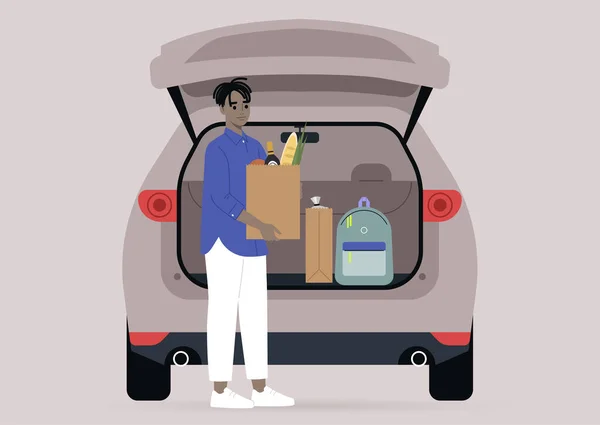 車のトランクから食料品袋を取っている若い男性ブラックキャラクター 毎日のルーチンシーン — ストックベクタ