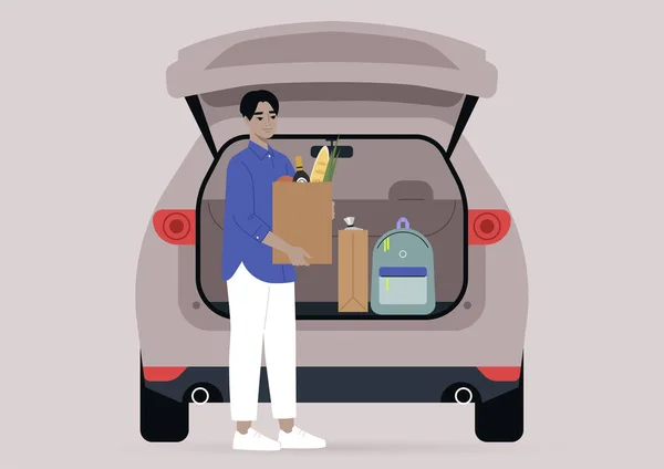 Genç Bir Asyalı Erkek Araba Bagajından Alışveriş Torbalarını Alıyor Günlük — Stok Vektör