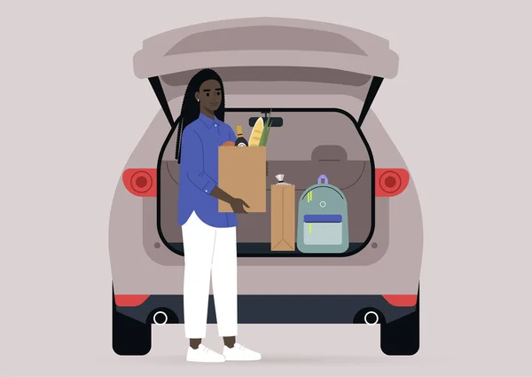 車のトランクから食料品袋を取っている若い女性ブラックキャラクター 毎日のルーチンシーン — ストックベクタ