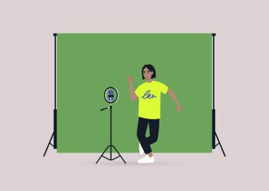 Genç bir kadın karakter cep telefonuyla dans yarışması videosunu tripoda kaydediyor, krom anahtar arka plan, modern jenerasyon z yaşam tarzı.