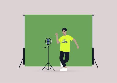 Genç bir Asyalı erkek karakter cep telefonuyla dans yarışması videosunu tripoda kaydediyor. Krom anahtar arka plan, modern gen z yaşam tarzı.