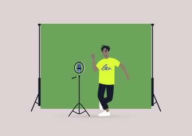 Genç bir siyahi erkek karakter cep telefonuyla dans yarışması videosunu tripoda kaydediyor. Krom anahtar arka plan, modern gen z yaşam tarzı.