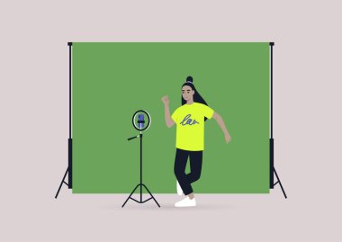 Genç bir Asyalı kadın karakter cep telefonuyla dans yarışması videosunu tripoda kaydediyor. Krom anahtar arka plan, modern gen z yaşam tarzı.