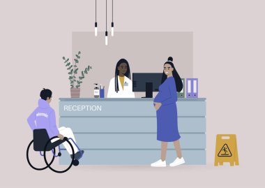 Sağlık kliniği resepsiyonu, randevularını bekleyen insanlar.