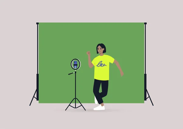 一个年轻的女性角色用他们的手机在三脚架上录制一个舞蹈挑战视频 彩色背景 现代的生活方式 — 图库矢量图片